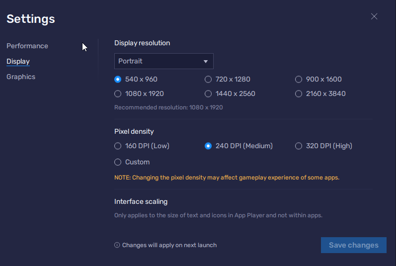 BlueStacks performance and display settings