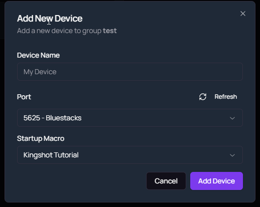 Device details form with macro selection
